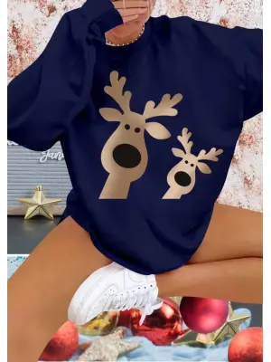 Omarı Elegant Kadın Bisiklet Yaka Geyik Desenli Bluz