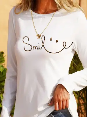 Kadın Gülümseyen Surat Desenli Uzun Kollu Bluz