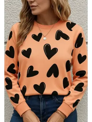 Kadın Uzun Kollu Bisiklet Yaka Kalp Desenli Iki Iplik Bluz