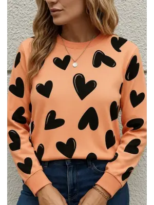 Kadın Uzun Kollu Bisiklet Yaka Kalp Desenli Iki Iplik Bluz