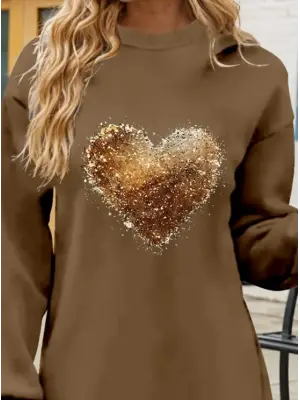 Kadın Uzun Kollu Bisiklet Yaka Kalp Desenli Viskon Iki Iplik Bluz