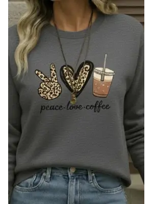 Kadın Uzun Kollu Bisiklet Yaka Kalp Desenli Viskon Iki Iplik Bluz