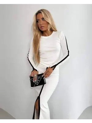 Şık Kadın Bisiklet Yaka Kaşkorse Bluz ve Yırtmaçlı Etek Takımı