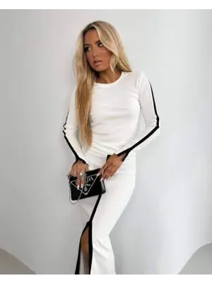 Kadın Uzun Kollu Bisiklet Yaka Kaşkorse Bluz Ve Yırtmaçlı Etek Ikili Takım