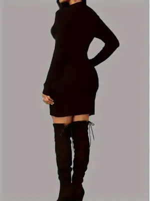 Kadın Uzun Kollu Bisiklet Yaka Kelebek Desenli Kısa Viskon Iki Iplik Elbise