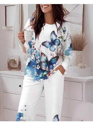 Kadın Uzun Kollu Bisiklet Yaka Kelebek Desenli Süprem Alt üst Takım