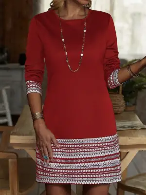 Kadın Uzun Kollu Bisiklet Yaka Kol Ağzı Ve Etek Ucu Baskılı Iki Iplik Elbise