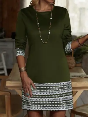 Kadın Uzun Kollu Bisiklet Yaka Kol Ağzı Ve Etek Ucu Baskılı Iki Iplik Elbise