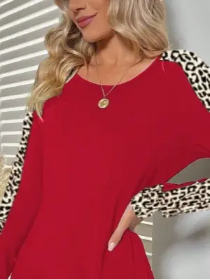 Kadın Uzun Kollu Bisiklet Yaka Kollar Leopar Detay Iki Iplik Mini Boy Elbise