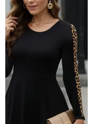 Kadın Uzun Kollu Bisiklet Yaka Kollar Leopar Detay Iki Iplik Mini Boy Elbise