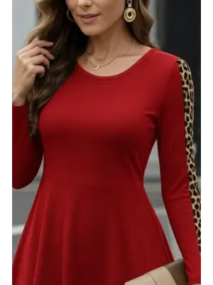 Kadın Uzun Kollu Bisiklet Yaka Kollar Leopar Detay Iki Iplik Mini Boy Elbise