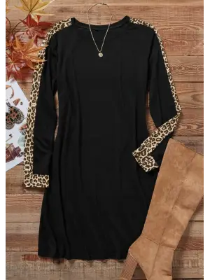 Kadın Uzun Kollu Bisiklet Yaka Kollar Leopar şeritli Salaş Iki Iplik Elbise