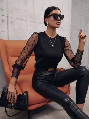 Trend Bisiklet Yaka Puantiyeli Tül Detaylı Sandy Bluz