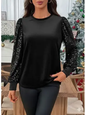 Kadın Uzun Kollu Bisiklet Yaka Kollar Pulpayet Kadife Bluz