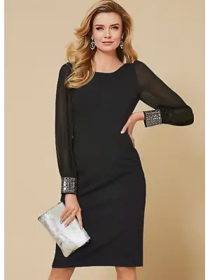 Kadın Uzun Kollu Bisiklet Yaka Kollar Tül Manşet Taş Işlemeli Krep Elbise