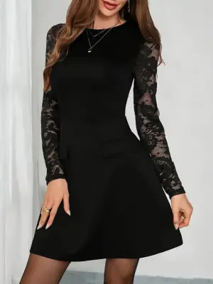 Kadın Uzun Kollu Bisiklet Yaka Kolları Tül Detaylı Mini Ithal Krep Elbise