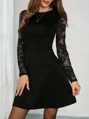 Kadın Uzun Kollu Bisiklet Yaka Kolları Tül Detaylı Mini Ithal Krep Elbise