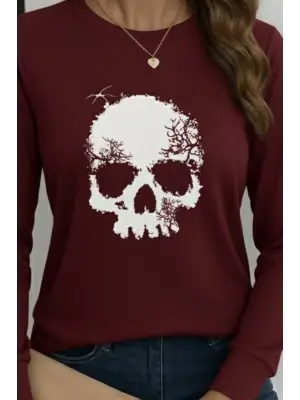 Kadın Uzun Kollu Bisiklet Yaka Kurukafa Desenli Viskon Bluz