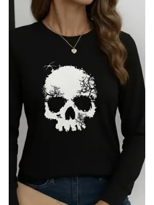 Kadın Uzun Kollu Bisiklet Yaka Kurukafa Desenli Viskon Bluz