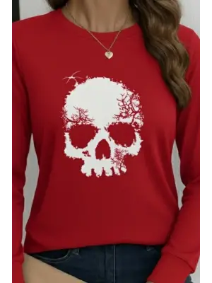 Kadın Uzun Kollu Bisiklet Yaka Kurukafa Desenli Viskon Bluz