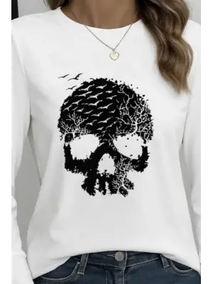 Kadın Uzun Kollu Bisiklet Yaka Kurukafa Desenli Viskon Bluz