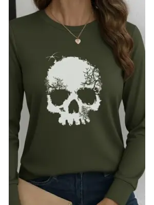 Kadın Uzun Kollu Bisiklet Yaka Kurukafa Desenli Viskon Bluz