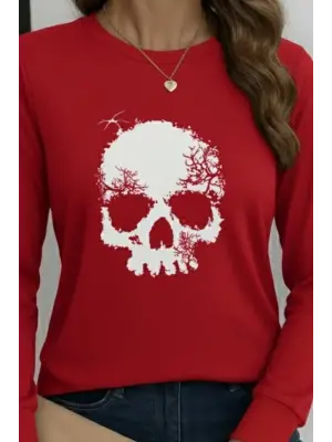 Kadın Uzun Kollu Bisiklet Yaka Kurukafa Desenli Viskon Bluz