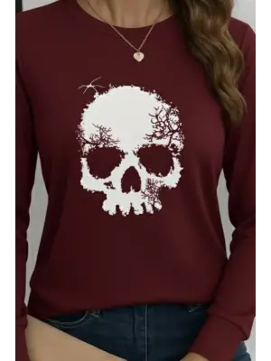 Kadın Uzun Kollu Bisiklet Yaka Kurukafa Desenli Viskon Bluz