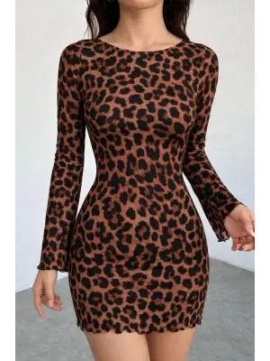 Kadın Uzun Kollu Bisiklet Yaka Leopar Desenli Dalgıç Mini Elbise