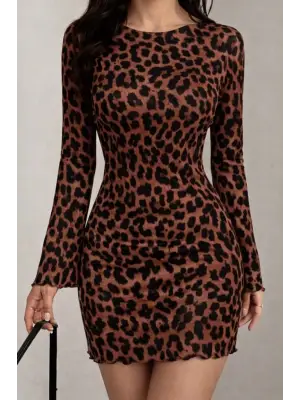 Kadın Uzun Kollu Bisiklet Yaka Leopar Desenli Mini Elbise