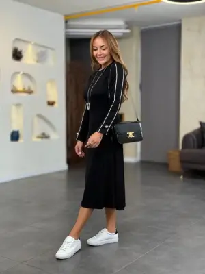 Kadın Uzun Kollu Bisiklet Yaka Midi Modal Elbise