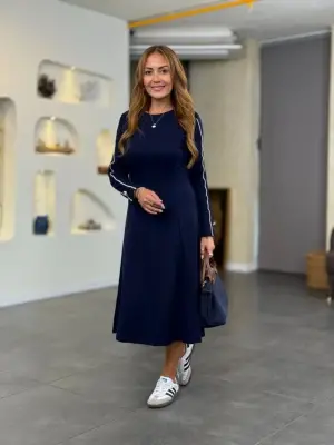 Kadın Uzun Kollu Bisiklet Yaka Midi Modal Elbise