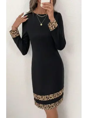 Kadın Uzun Kollu Bisiklet Yaka Mini Ithal Krep Elbise