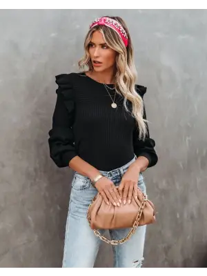 Kadın Uzun Kollu Bisiklet Yaka Omuzları Fırfırlı Triko Bluz