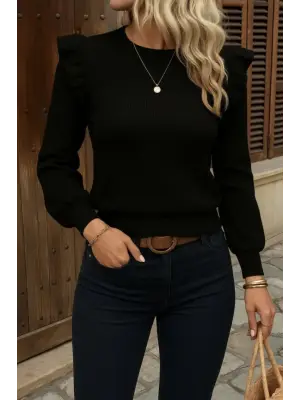 Kadın Uzun Kollu Bisiklet Yaka Omuzları Fırfırlı Triko Bluz