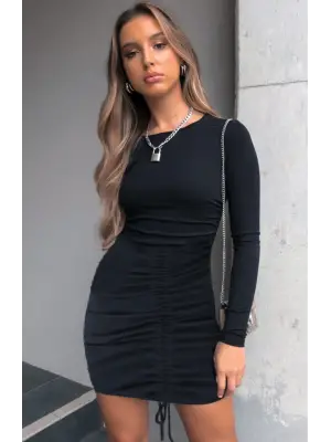 Kadın Uzun Kollu Bisiklet Yaka ön Büzgülü Kaşkorse Elbise