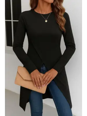 Kadın Uzun Kollu Bisiklet Yaka önden çapraz Kesim Detay Midi Viskon Bluz