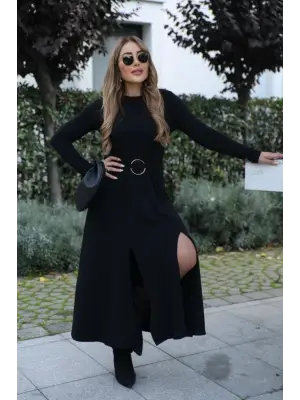 Şık Kadın Bisiklet Yaka Detaylı Viskon Elbise