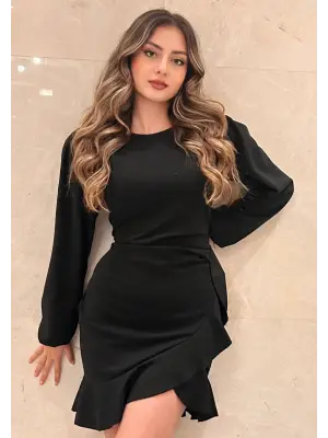 Kadın Uzun Kollu Bisiklet Yaka önden Volanlı Ithal Krep Elbise