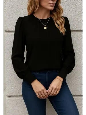 Kadın Uzun Kollu Bisiklet Yaka Pileli Ithal Krep Bluz