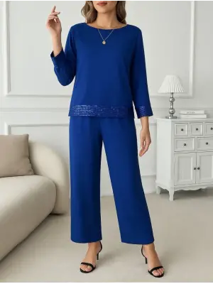 Kadın Uzun Kollu Bisiklet Yaka Pulpayetli Viskon Iki Iplik Bluz Ve Pantolon Ikili Takım