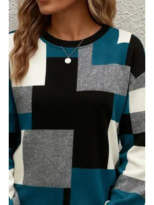 Kadın Uzun Kollu Bisiklet Yaka Renkli Blok Baskı Dalgıç Bluz