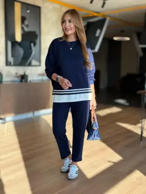 Kadın Uzun Kollu Bisiklet Yaka Ribana Detay Sweat Ve Pantolon Ikili Takım