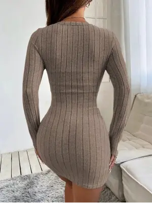 Kadın Uzun Kollu Bisiklet Yaka şardonlu Kalın Fitilli Kaşkorse Mini Boy Elbise