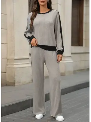 Kadın Uzun Kollu Bisiklet Yaka şardonlu Kaşkorse Bluz Ve Pantolon Ikili Takım