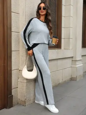 Kadın Uzun Kollu Bisiklet Yaka şardonlu Kaşkorse Bluz Ve Pantolon Ikili Takım