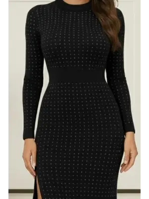 Kadın Uzun Kollu Bisiklet Yaka Taşlı Midi Kadife Elbise