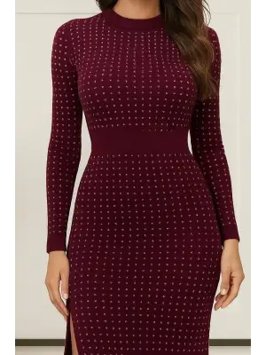 Kadın Uzun Kollu Bisiklet Yaka Taşlı Midi Kadife Elbise