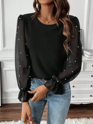 Kadın Uzun Kollu Bisiklet Yaka Tül Detaylı Incili Ithal Krep Bluz