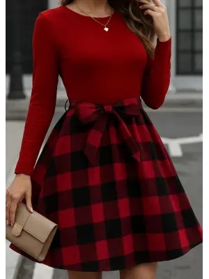 Kadın Uzun Kollu Bisiklet Yaka üst Viskon Alt Ekose Kısa Elbise